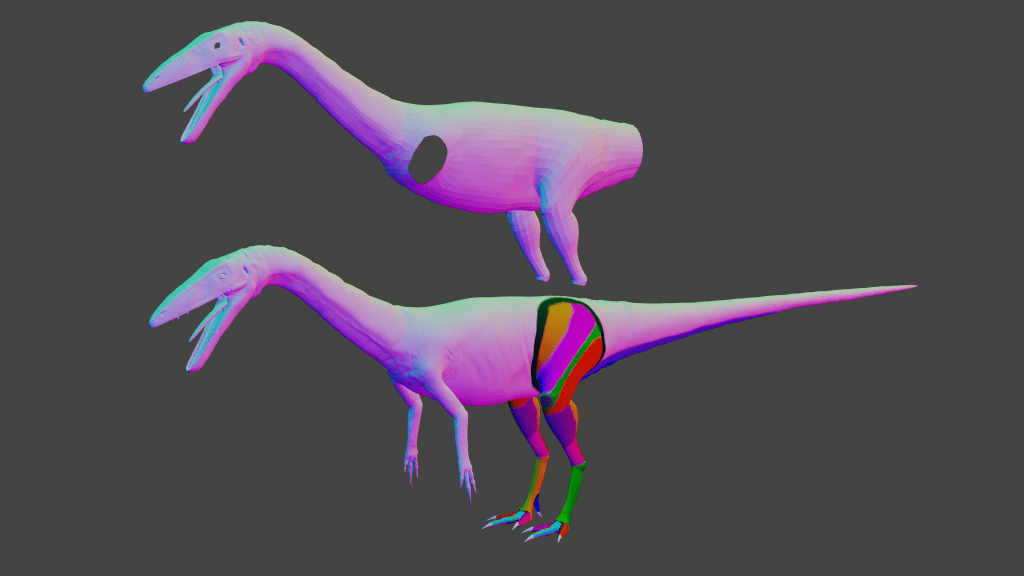 A screenshot of two side by side models, one of which is a complete model of a Coelophysis and the other is a partial retopologisation of it.